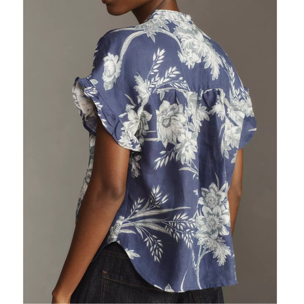 Anthropologie Pilcro Short-Sleeve Smocked Linen Buttondown Blouse Blue M - Picture 3 of 12